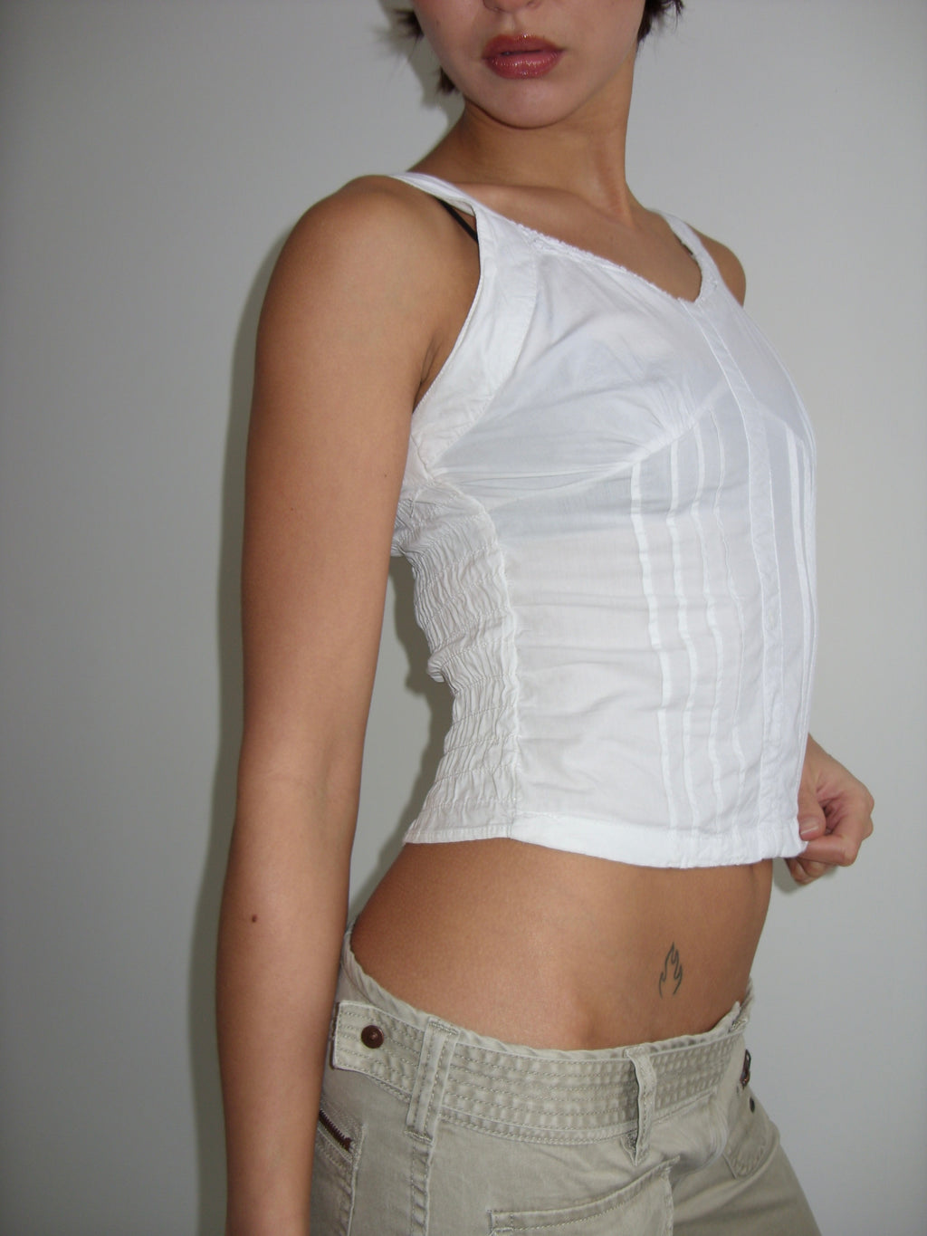 White pleated cotton cami top with lace trims