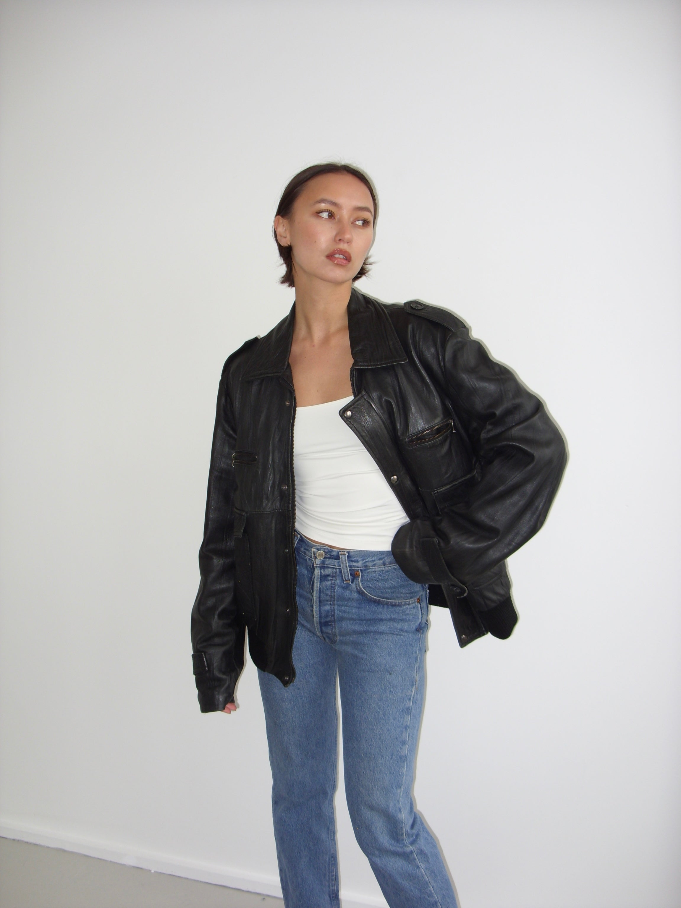 Cristiana Girani black leather bomber jacket