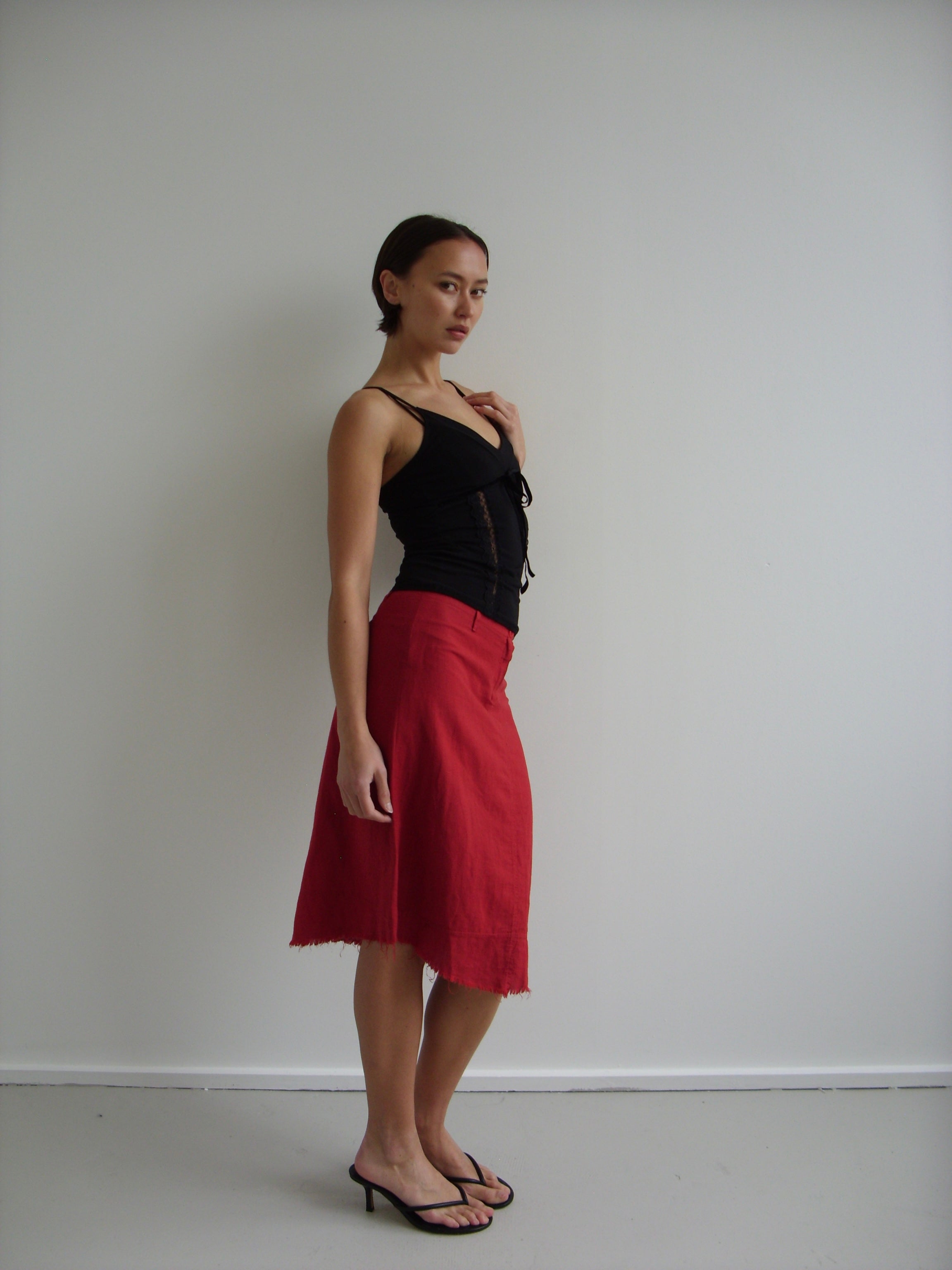 Vintage red linen midi skirt